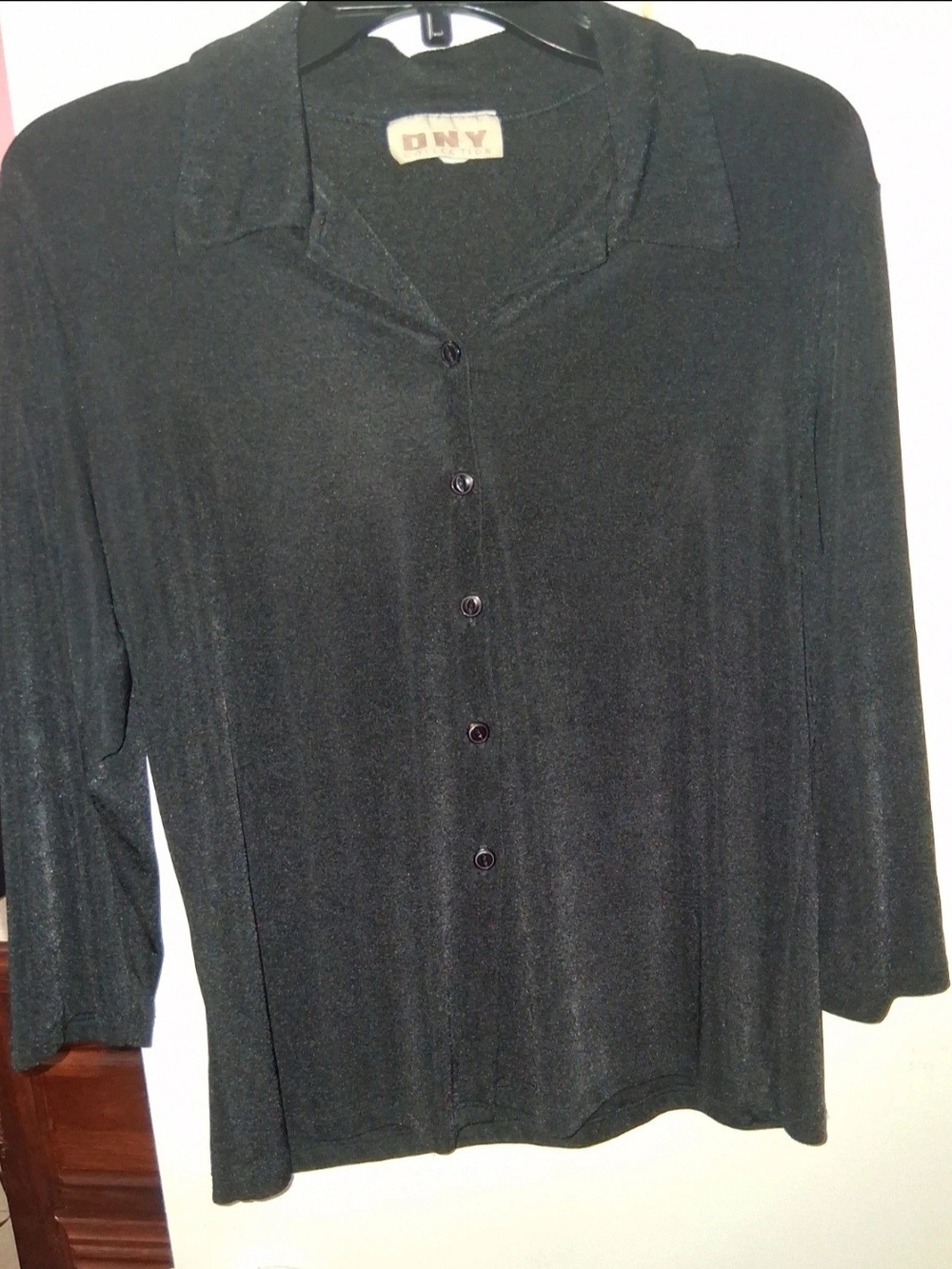 DNY Black Button-Front Collared Women's Top